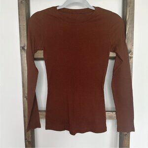 Rust Ribbed Long Sleeve Top Women's Fitted Crew Neck Tee Terracotta Brown
